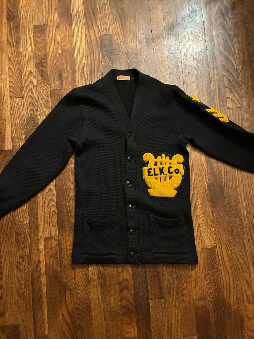 Men’s Black Cardigan Sweater with Yellow Patch